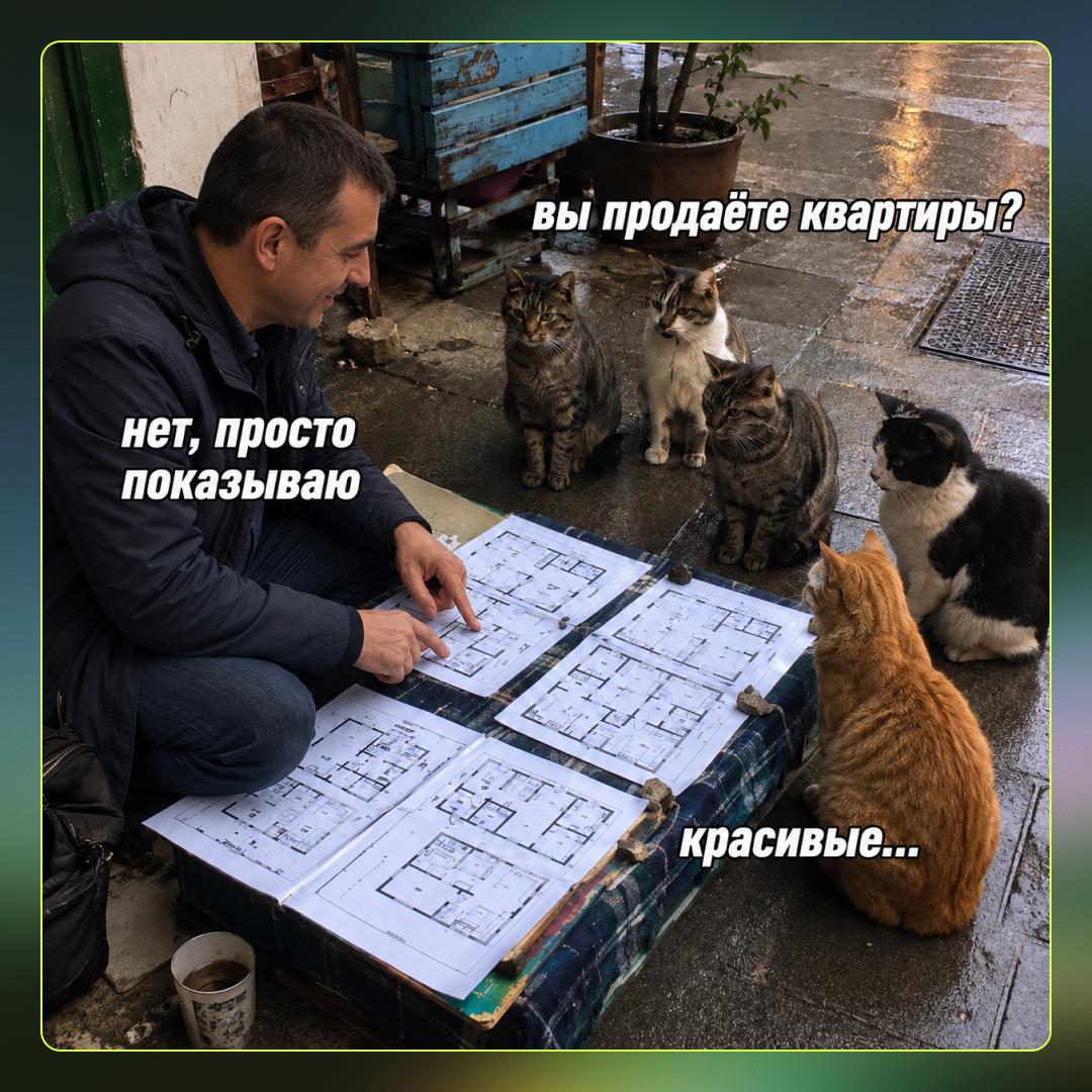 Мужчина показывает планировки квартир компании котов